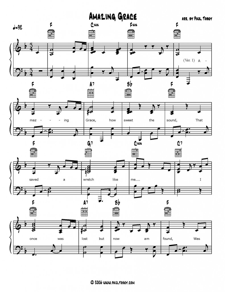 Amazing Grace Sheet Music PDF Piano & Guitar - Paul Tobey